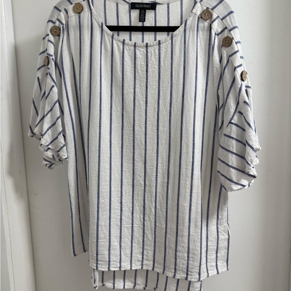 Ellen Tracy Navy and White Striped Blouse with Button Accents